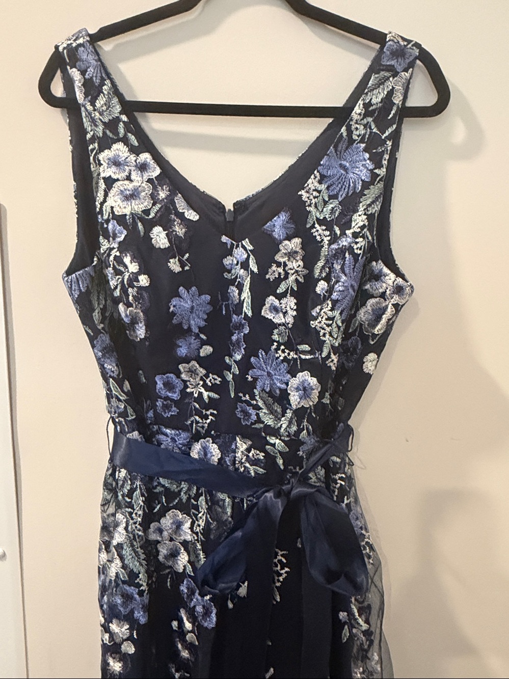 Alex Evenings Chiffon Dress 14 Navy Embroidered Floral Midi A-Line NWT $199 - Picture 8 of 9